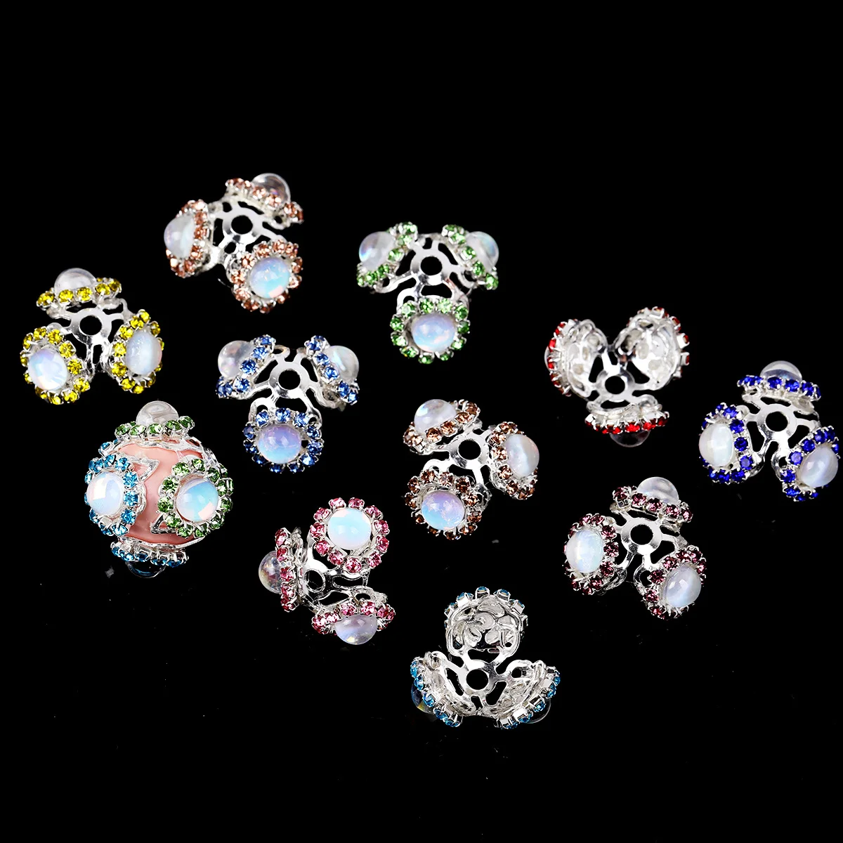 3pcs/6pcs Random Color Rhinestone Opal Effect Metal Bead End Caps Zinc Alloy Beads Loose Beads For Jewelry Making Accessories