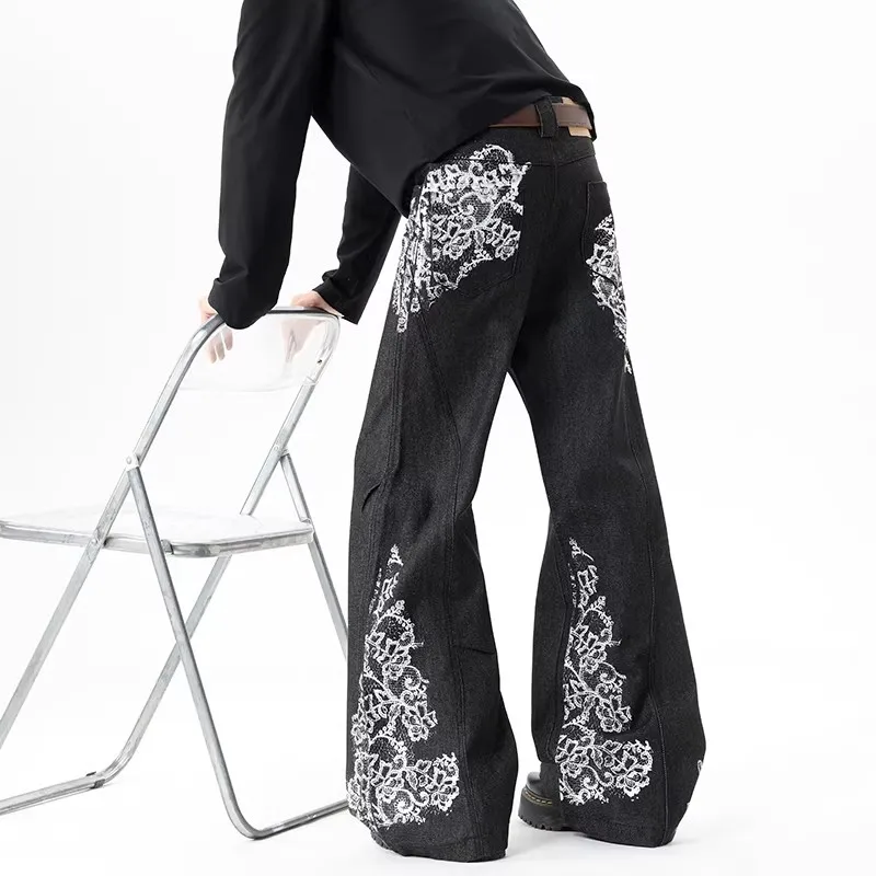 

American Sle Cleanfit Retro Floral Print Men's Jeans Spring Autumn Trendy Loose Straight Blade Pants mid Waist Zipper