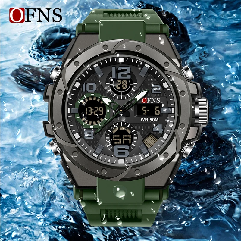 OFNS S6008 relojes de cuarzo de lujo para hombres, reloj deportivo militar resistente al agua para hombres, reloj de pulsera Digital LED con pantalla Dual