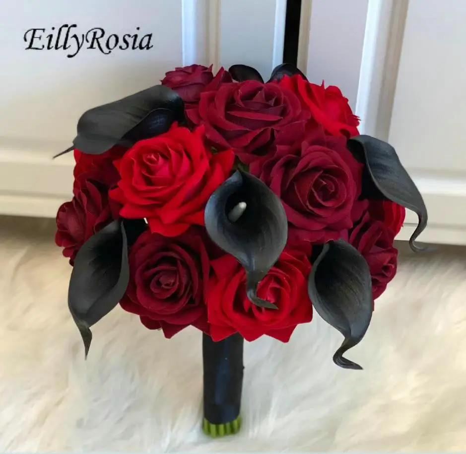 EillyRosia Vintage Cascade Gothic Wedding Bouquet de Mariage Black Calla Lilies Burgundy Bride Holding Flowers Ramos de Novia