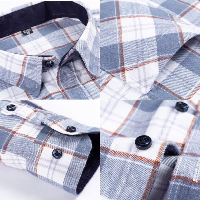 Plaid Shirts For Men Long Sleeve 100% Cotton Fashion Single Patch Pocket Design Young Casual Standard-Fit Thick Flannel Shirt