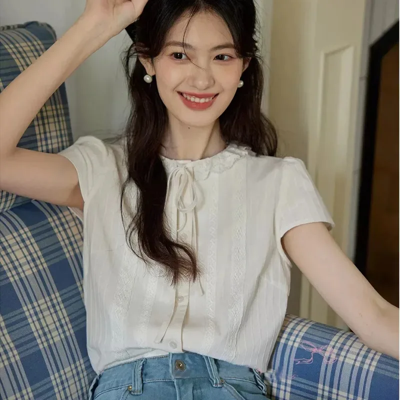 

Women's Sweet Ruffled Collar Short Sleeve Blouse Lace Trim Tie Neck Button Down Shirt with Vertical Stripes