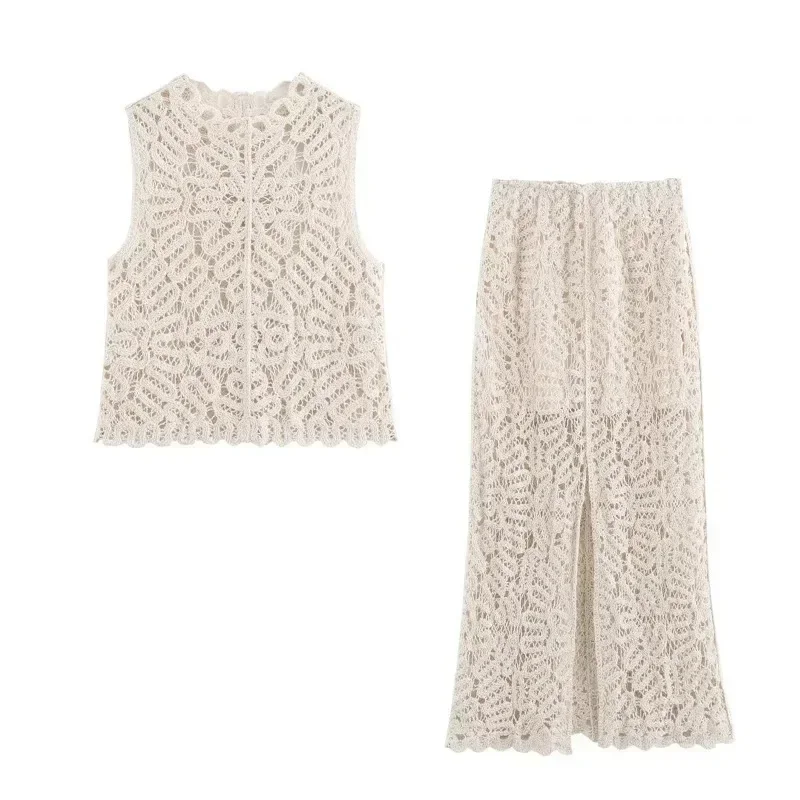 

TRAFZR Skirt Set Woman 2 Pieces Chic and Elegant 2 Piece Sets Women Outfit Solid Set for Evening Hook Flower Hollow Knit Sets