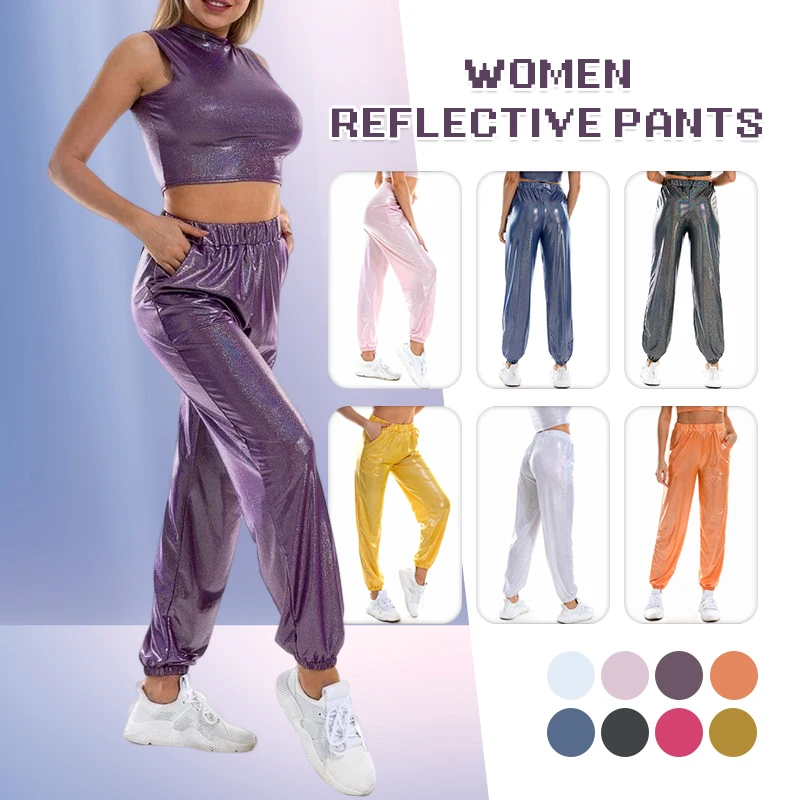 Pantalones de correr metalizados de cintura alta para mujer, pantalones reflectantes brillantes holográficos, pantalones sueltos de baile Hip Hop, ropa de calle