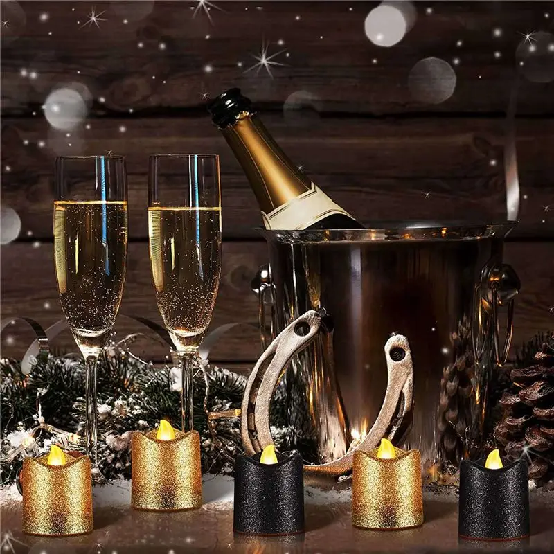 ABUL-48 Packs Gold Flameless Votive Candles Black Glitter LED Tealights Battery Operated Tea Lights Warm Yellow Light Holder