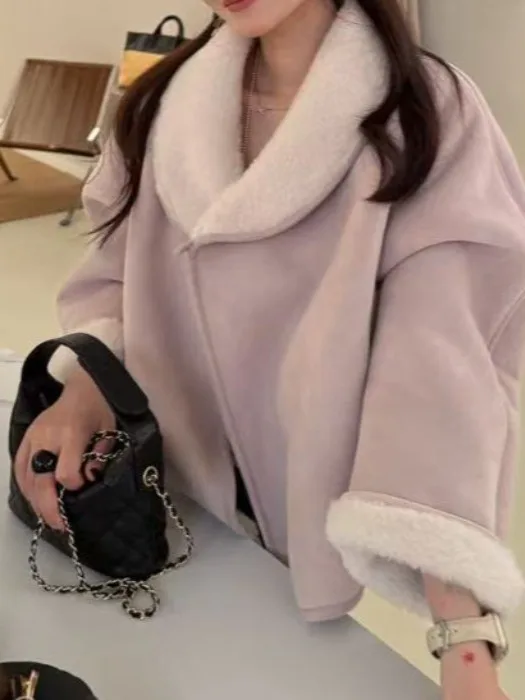 معطف فروي نسائي أنيق بتصميم كلاسيكي دافئ من الجلد والفرو وياقة كورية من ألياف البوليستر ملابس خارجية شتوية