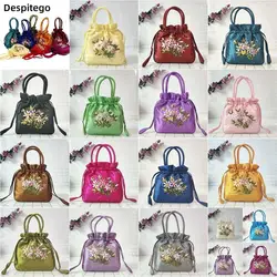 Retro Embroidery Satin Silk Drawstrings Handbags Flower Storage Bags Hanfu Women Purse Wallets Casual Cosmetic Bag