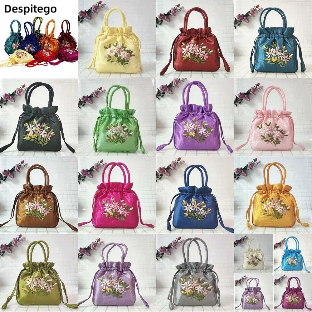 Retro Embroidery Satin Silk Drawstrings Handbags Flower Storage Bags Hanfu Women Purse Wallets Casual Cosmetic Bag
