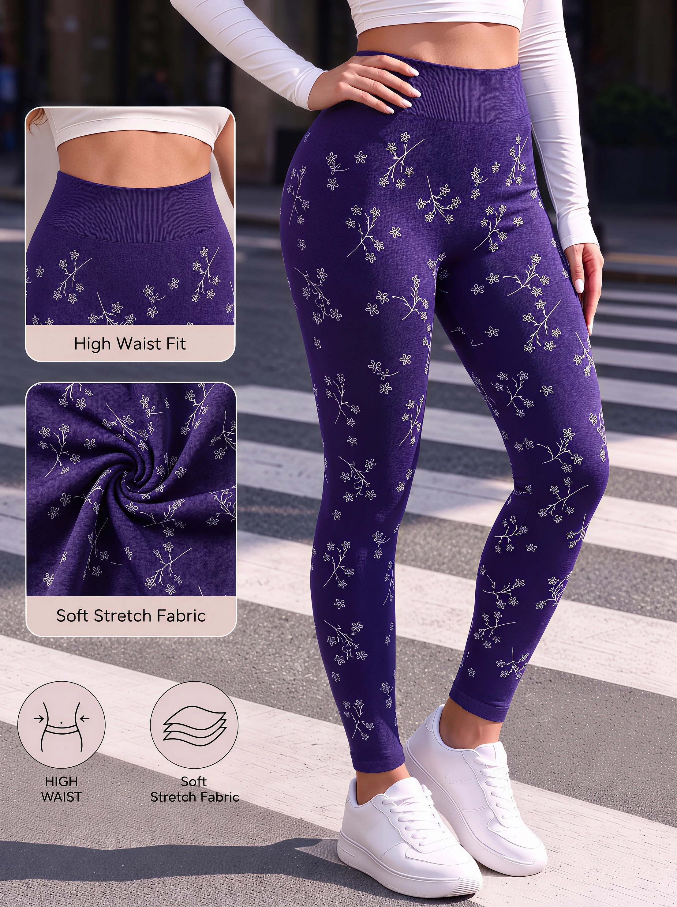 Women Seamless High Waist Purple Delicate White Floral Branch Print Leggings Stretchy Slim Fit Casual Pants for Daily Walks