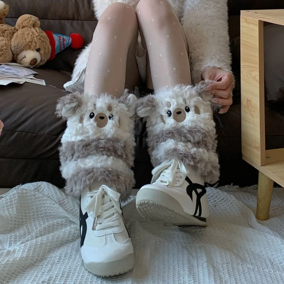 Winter New Three-dimensional Curly Bear Warm Leggings Cute Cartoon Doll Plush Jk Teen Calf Socks Trendy Japanese Kawaii Leggings