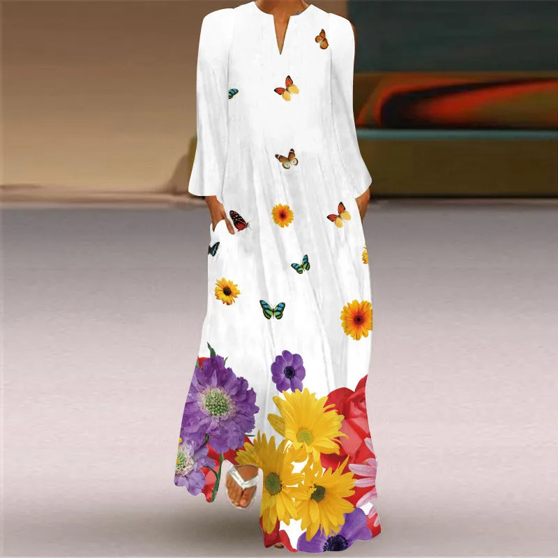 

Fashionable New Floral Butterfly Print Dress V-neck Long Sleeved Loose Pocket Dress