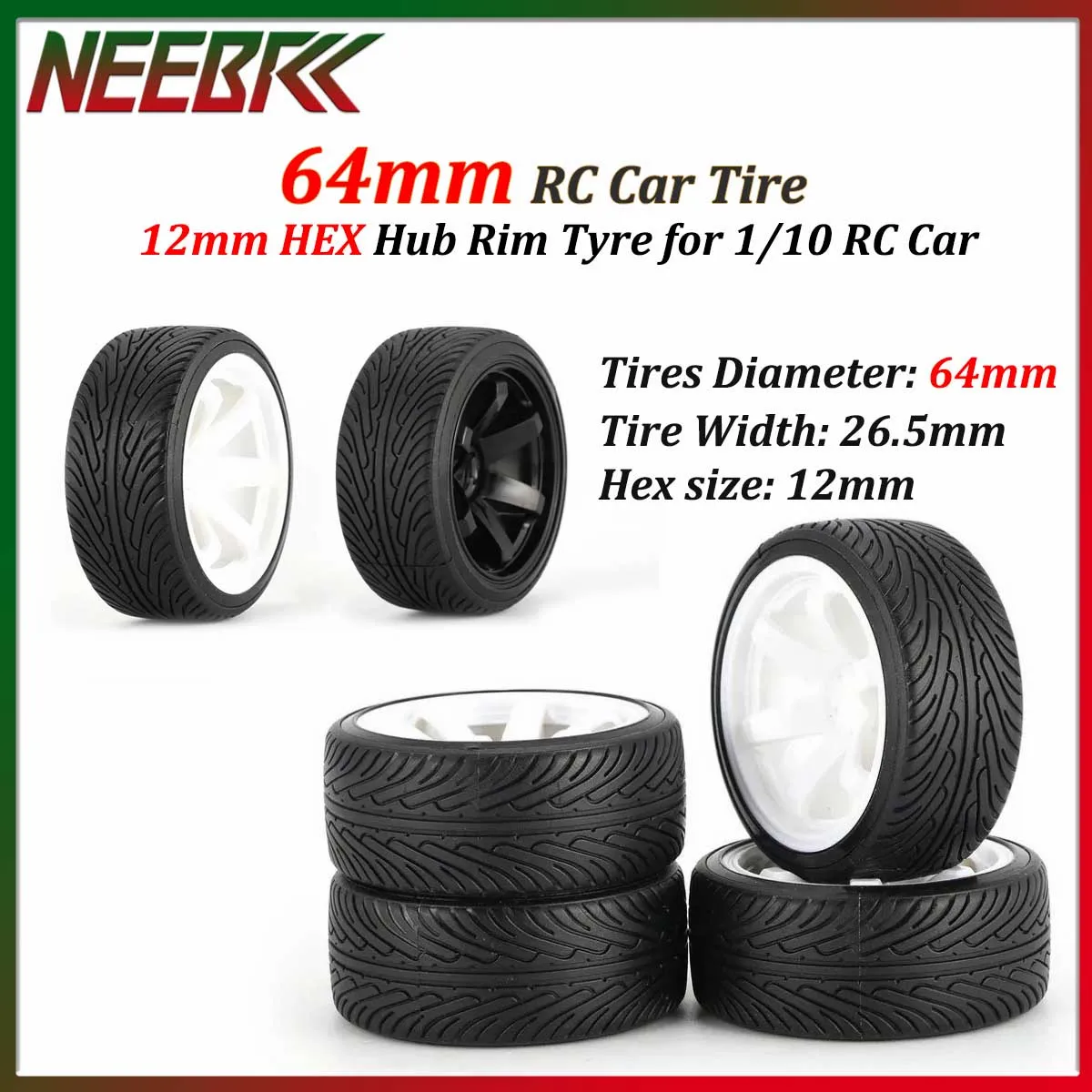 4PCS 64mm RC Tires 12mm Hex Hard Plastic Hub Rim Tyre Skidproof Wear-resistant for 1/10 RC Crawler Drift Racing Car HSP Parts