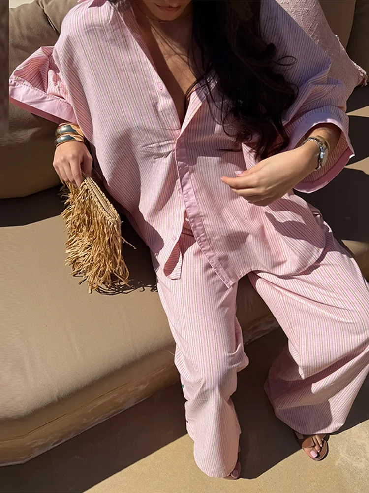 Gestreifte Oversize-Hemd-Hosen-Kombination für Damen, Lässiges Langarm-Oberteil mit Einzelknopfleiste, Weite Hosen, Schicke Damen-Sets – Detail 5
