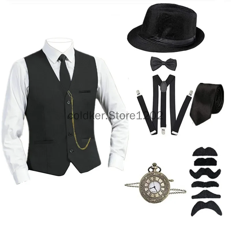 COLDKER 1920s Mens Costume Roaring Costumes Outfit with 20s Gangster Vest Hat Pocket Watch Suspenders Tie 8 Pcs Set