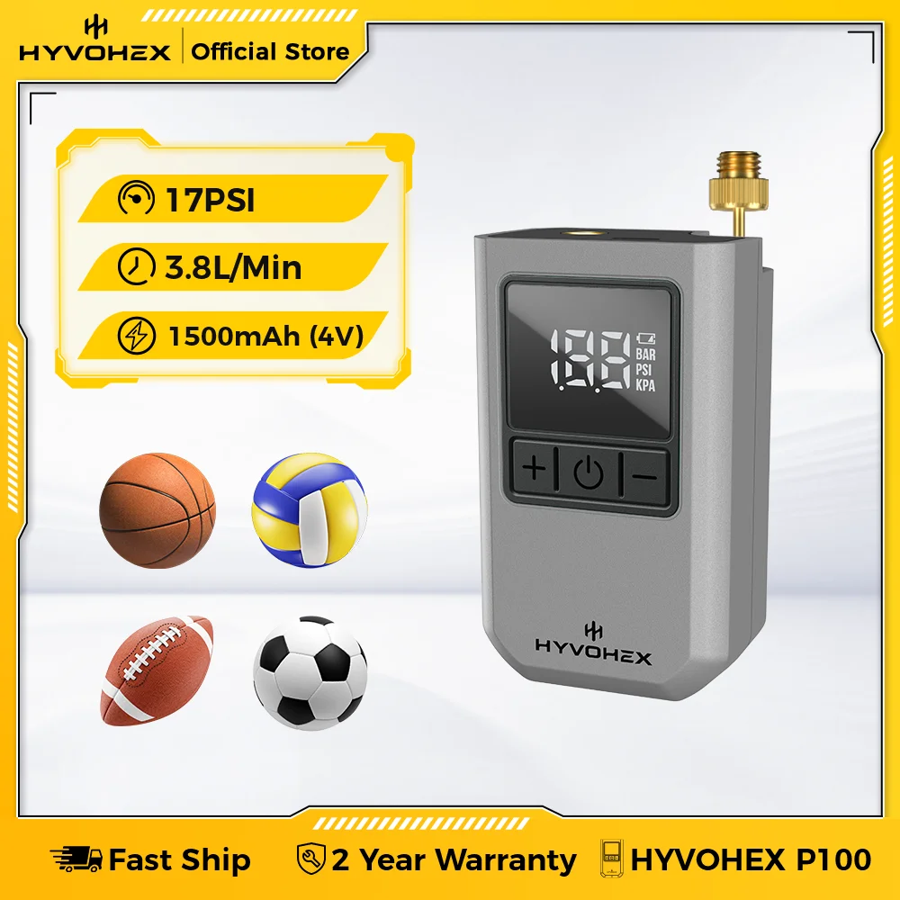 

New HYVOHEX P100 Electric Ball Pump Portable Air Pump Digital LED Display Preset Pressure Balls Basketball Pump with Ball Needle