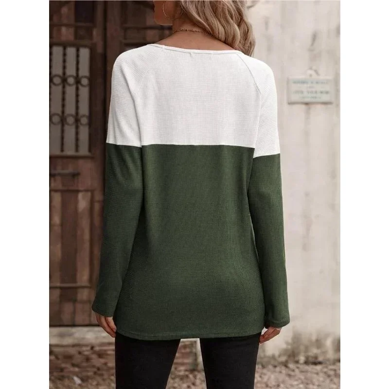 Herfst En Winter Nieuwe Dames Top Mode Ronde Hals Lange Mouwen Knopen Losse Casual Kleur Blokkerende Effen Colour T-Shirt