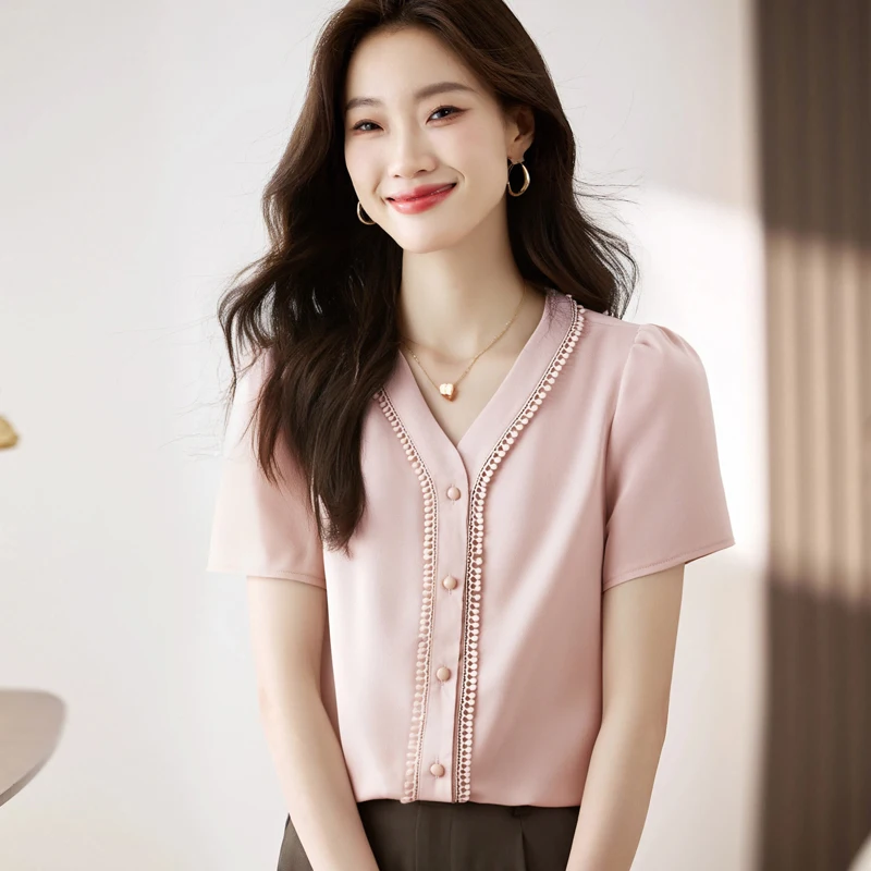 

Single Breasted Blouse Women 2025 Spring/Summer New Simulated Silk Satin Splicing Shirt Short Sleeve Stylish V-neck Womens Tops
