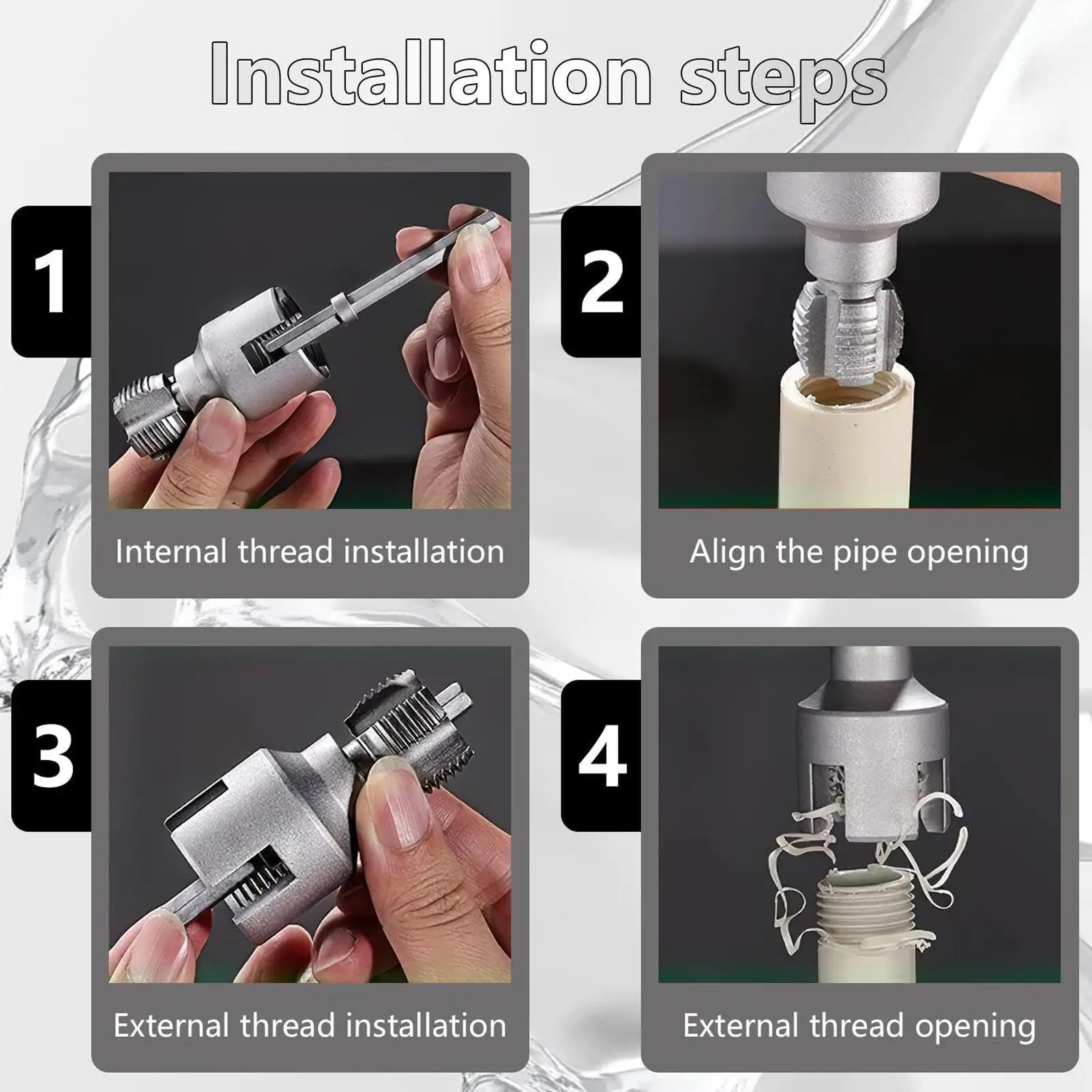 

Набор для нарезания резьбы на ПВХ трубах, двухфункциональный, герметичный, для ремонта водопроводных и электрических труб, а также для ремонта кабелепроводов