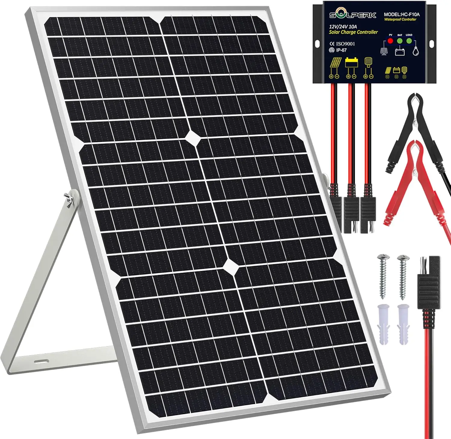 Solar Battery Trickle Charger Maintainer + Upgrade Waterproof Controller + Adjustable Mount Bracket for Boat Car