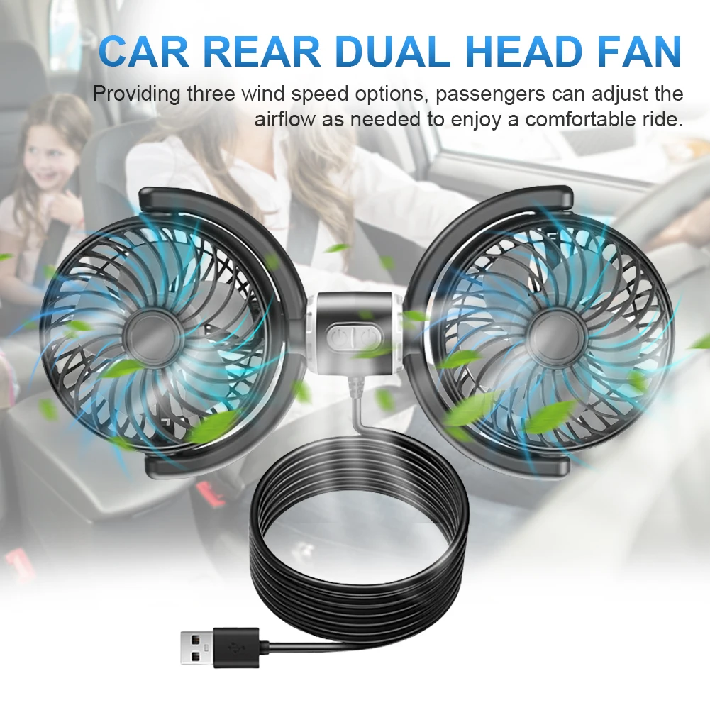 12V/24V Dual Head Car Seat Back Cooling Fan USB Charging Car Headrest Fan 3 Speeds Powerful Wind Car Interior Fan Neck Cooler