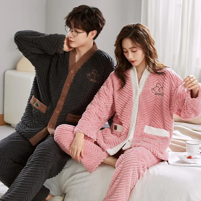 Pijamas de flanela para casais, pijama na moda quimono, roupa caseira coral pijama de lã masculina e feminina, inverno e outono