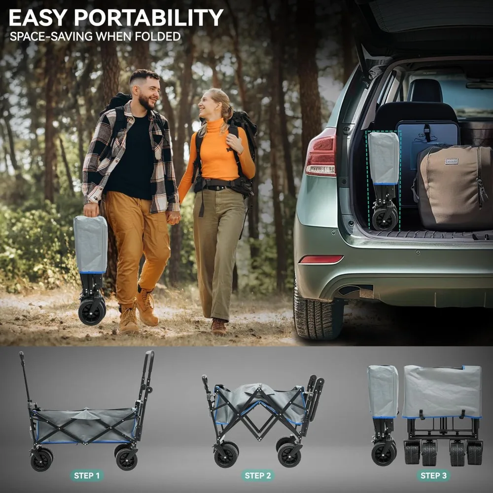 Heavy-Duty Outdoor Folding Wagon Cart with Removable Canopy, Adjustable Handles and Flexible Swivel Wheels for Large Capacity an