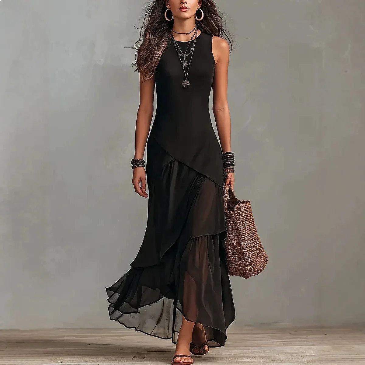 Black Sleeveless Round Neck Bodycon Layered Chiffon Ruffle Flowy Long Dress Dresses Spring Summer