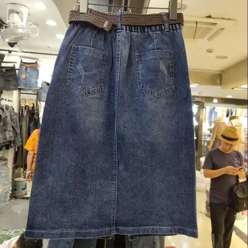 Denim Skirts 2026 Spring Aummer New Women Elastic High Waist Split Slim A-line Jeans Skirt Trend Casual Cowboy Skirts Size 5XL
