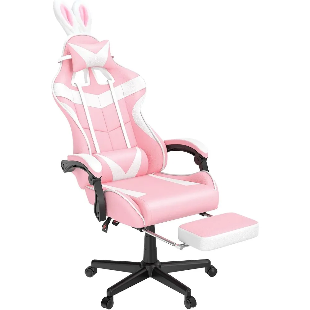 Pink Gaming Chair with Footrest,Lovely Bunny Computer Gamer Chair,Gamer Desk Chair for Granddaughter,Sister,Girlfriend