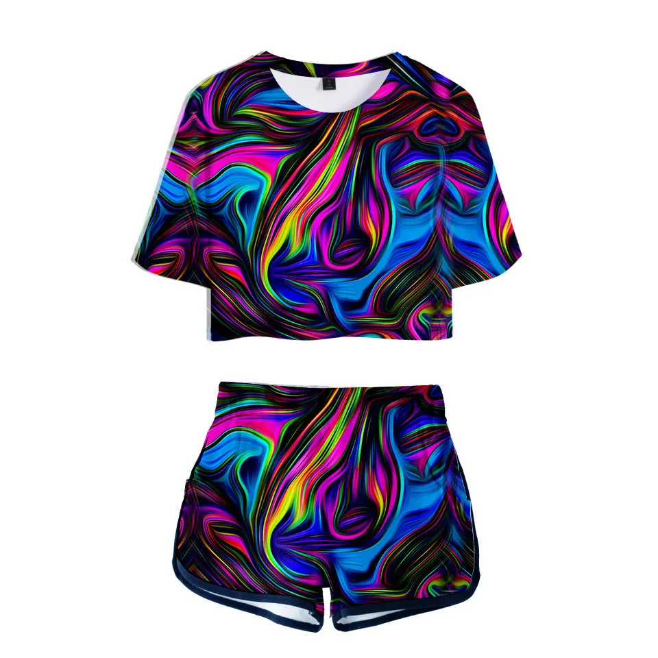 Two Piece Set Colorful Psychedelic Tie dye Tops and Shorts Streetwear Sweat Suit Women Set Sexy 2 Pieces Outfits