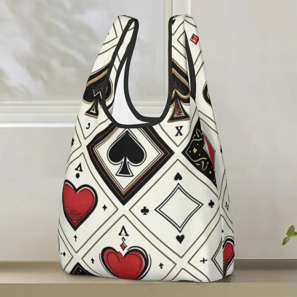 Casino Playing Card Symbols Diamond Heart Spade Clubs Portable Tote Bags Reusable Shoulder Shopper Bag Groceries Handbag