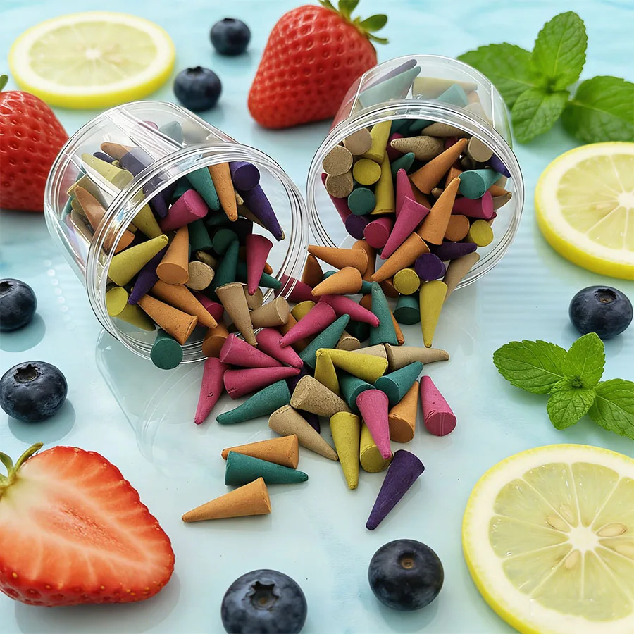 100/250 Fruit-Scented Backflow Incense Cones, Rich in Fragrance, with a Variety of Flavor Combinations, Suitable for Meditation, Yoga, Home, Hotels, Outdoor Use, Cafes, Bars, Freshening the Air, Soothing the Mood, Suitable for Parties, Halloween, Christmas, Thanksgiving, and Adding to the Festive Atmosphere