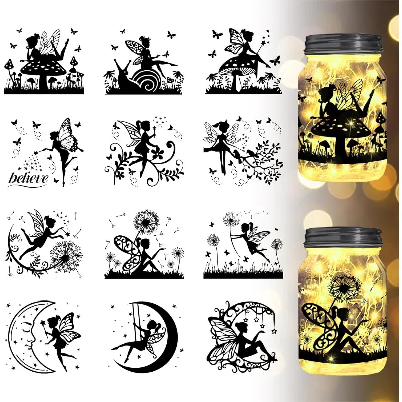 1Set Elf Silhouette Jar Cutouts Paper Window Plastic Fairy Tale Silhouette Wall Lamp Clings Decals Decorations Home Decor Art