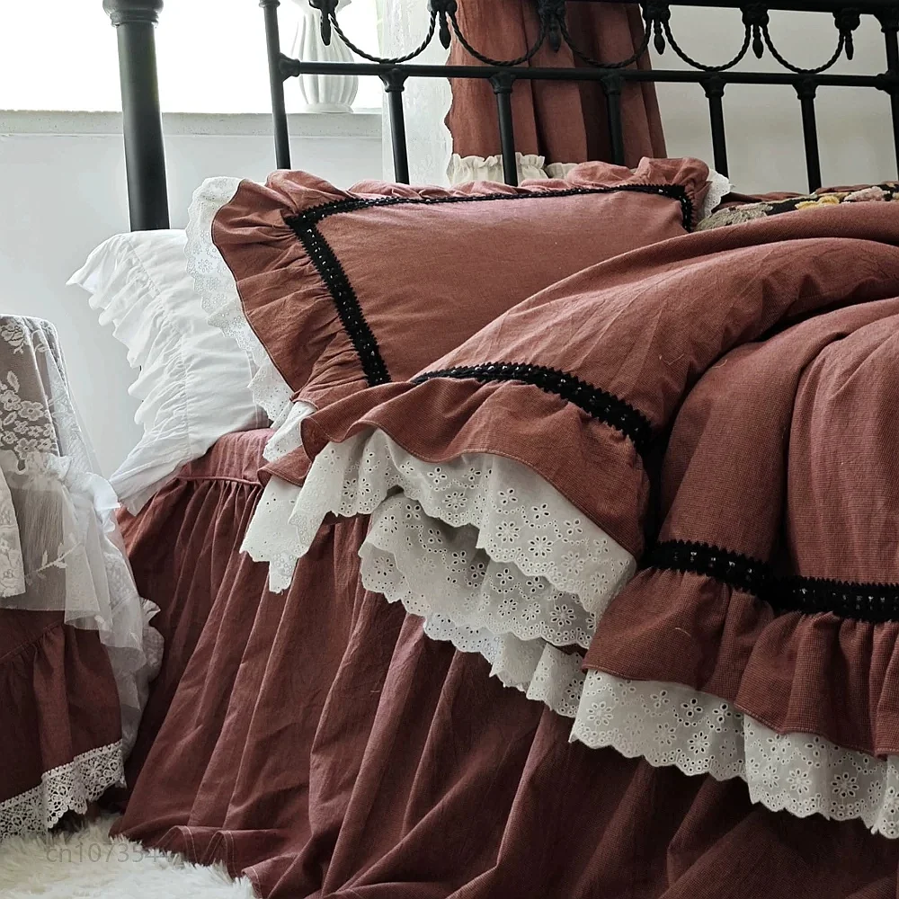 French Korean Princess Houndstooth Wine Red Soft Cotton Bed Skirt Sheet Set 4pcs