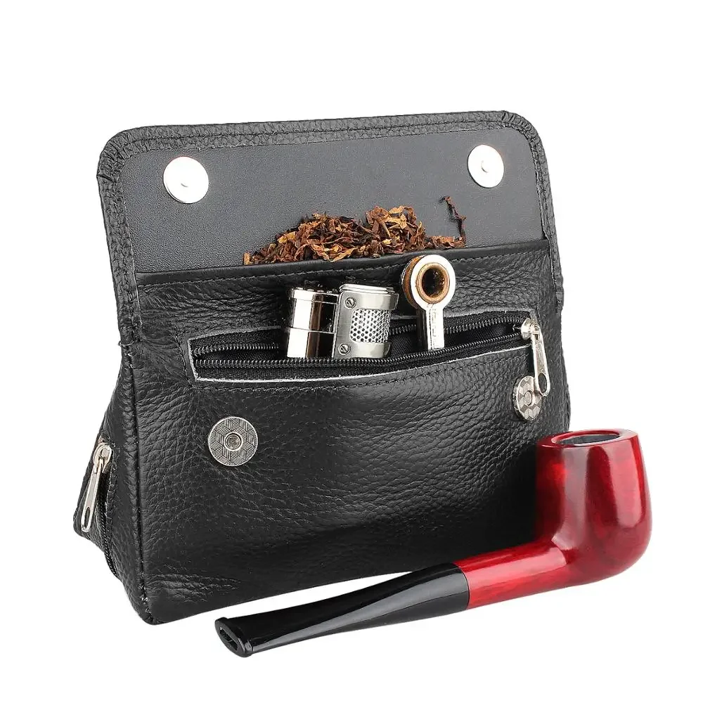 Black Brown Leather Tobacco Bag Pipe Pouch Case Smoking Bag For 2 Pipes Tamper Filter Tool Cleaner Preserve Freshness