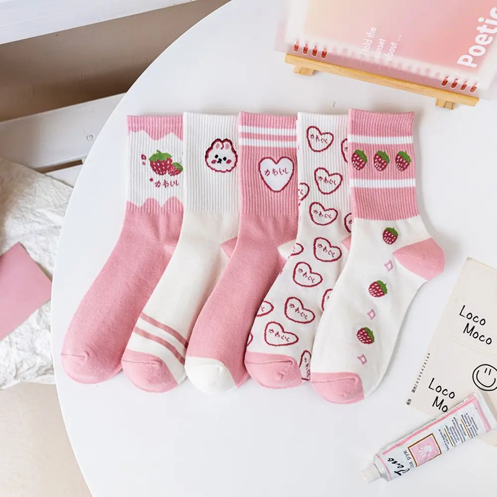 Breathable Girls Gift Fashion Design Pink Series Strawberry Cotton  Hosiery Women Socks Mid-Tube Socks Korean Style Socks