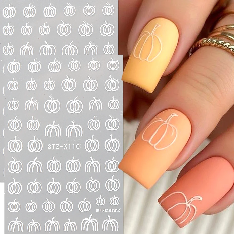 Fall Pumpkin Nail Art Stickers White Line Pumpkin Autumn Thanksgiving Cute Nail Decals Self-Adhesive Sliders DIY Nail Supplies