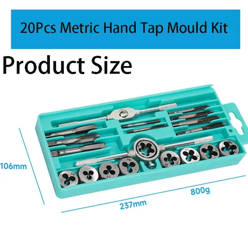 20Pcs Metric Hand Tap and Die Set Multifunction M3-M12 Screw Thread Plugs Straight Taper Reamer Tool Tapping and Thread Tools