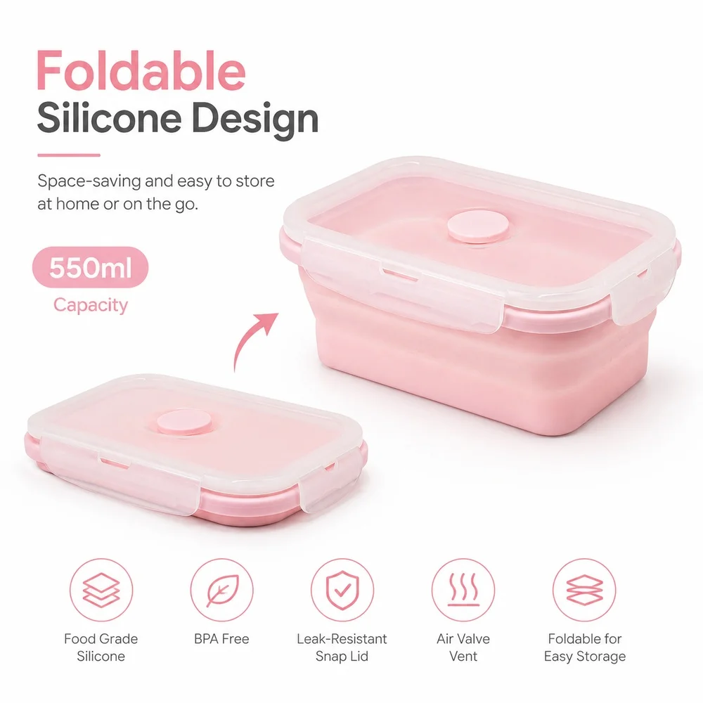 550ml Pink Collapsible Silicone Lunch Box, Portable Food Storage Container with Air Vent Lid for Fridge Travel Meal Prep Use view 6