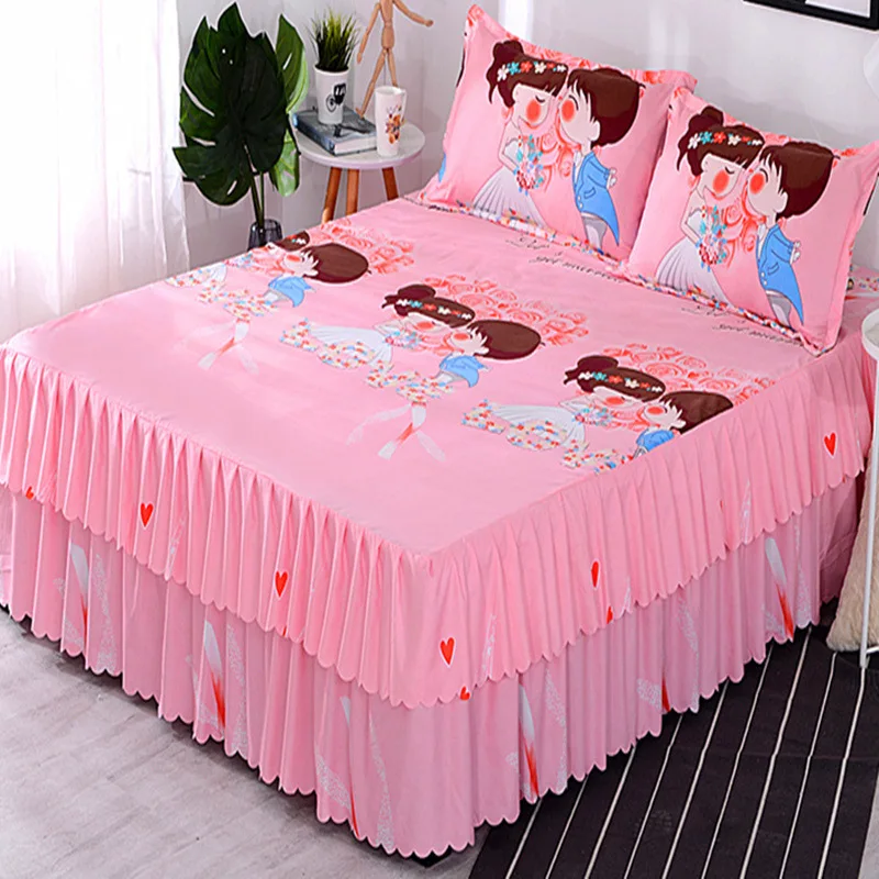 200x220 Three Piece Bed Skirt Princess Style Floral Bed Cover with Skirt Bed Sheet Synthetic Smooth Twin Bed Full Size Bed Sheet