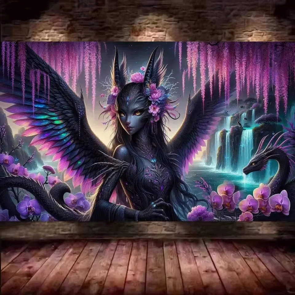 

Purple Black Dragon Woman DIY Vibrant Colorful Orchid Flower 5D Full Diamond Painting Cross Stitch Kits Mosaic Embroidery