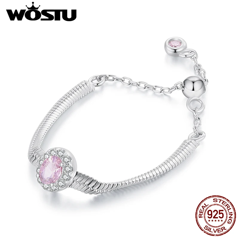 WOSTU 925 Sterling silver Punk Snake Chain Ring For Women Pink Zircon Adjustable Pull-out Finger Rings Accessory Charm Jewelry