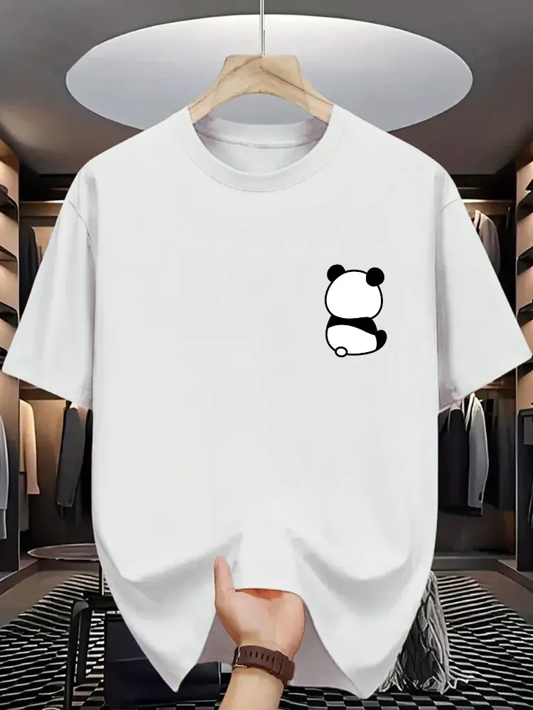 Mens Crew Neck Tee Mini Cute Panda Back Silhouette Print Soft Cotton Loose Minimalist Gentleman Daily Casual Short Sleeve Top