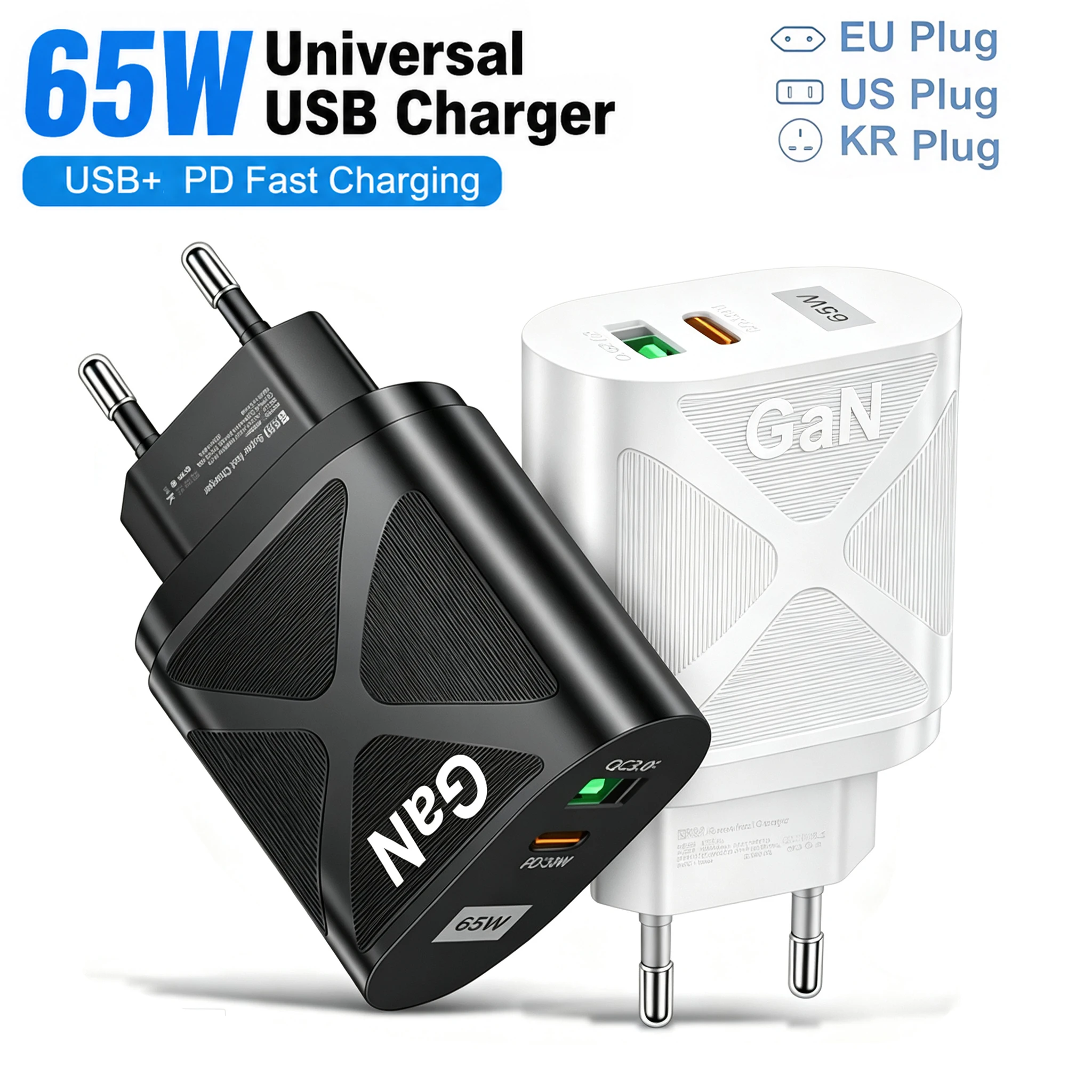 65W GaN USB Charger Fast Charging Phone Charger Adapter For iPhone 17 16 Pro Xiaomi EU/US/KR/UK Plug QC 3.0 Type C Wall Charger