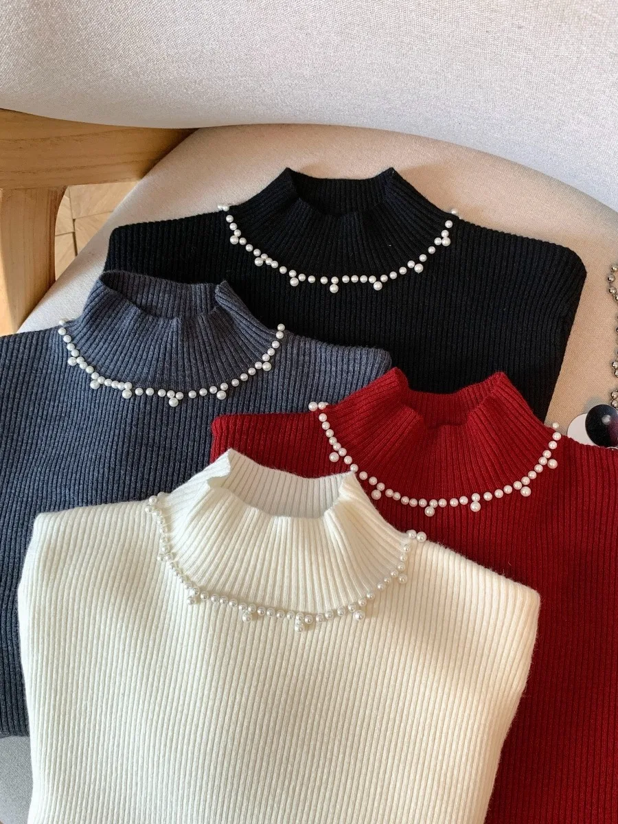 여성 니트 베이스 하이 칼라 퍼 이너웨어 미디 스웨터 독특하고 아름다운 플레어드 스웨트 탑 출퇴근룩 슬레 코리...