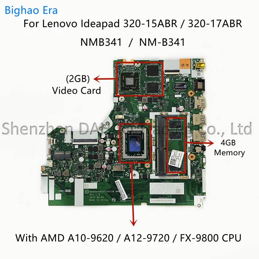 NMB341 NM-B341 For Lenovo Ideapad 320-15ABR 320-17ABR Laptop Motherboard With A10 A12 FX9800 CPU 4GB-RAM 4GB/2GB-GPU 5B20P11101