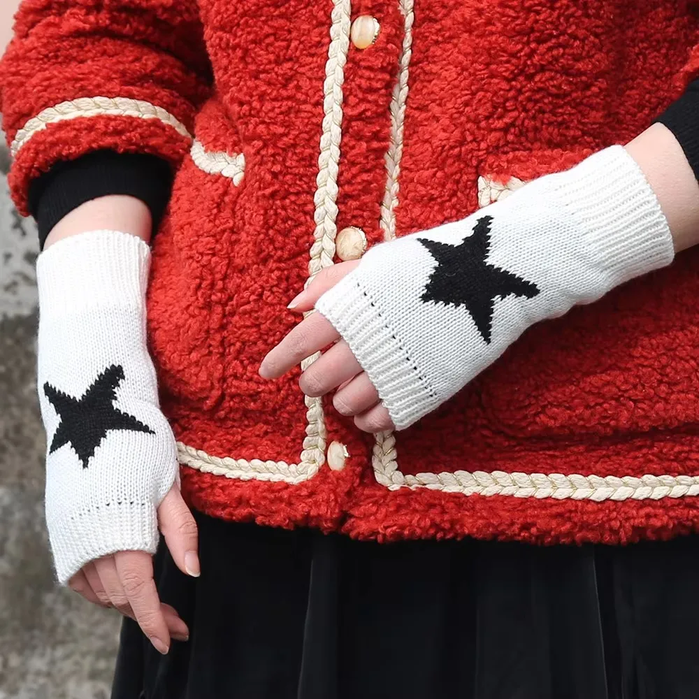 Guantes de punto Y2k para invierno, guantes de estrella de medio dedo, pentagrama de lana cálido, mano suave, sin dedos, Emo, mitones Preppy, 2024