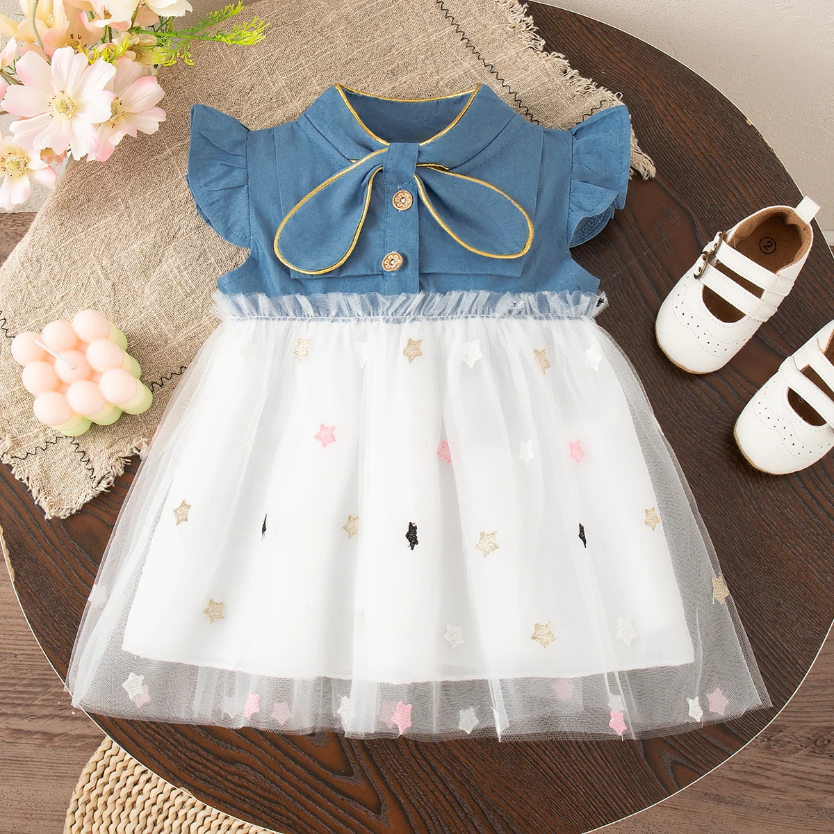 OOTD for Baby Summer Fashion Lovely Star White Sweet Casual Denim Spliced Baby Girl Fairy Dress
