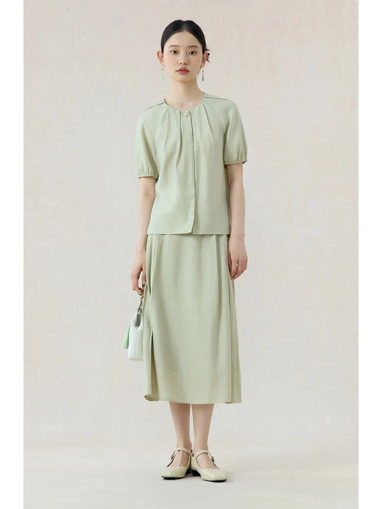

ZIQIAO Petite New Chinese Style Suit Women 2024 Summer Green Shirt Half Skirt Two-piece Set Loose Suit 24ZQ92174+24ZQ92173