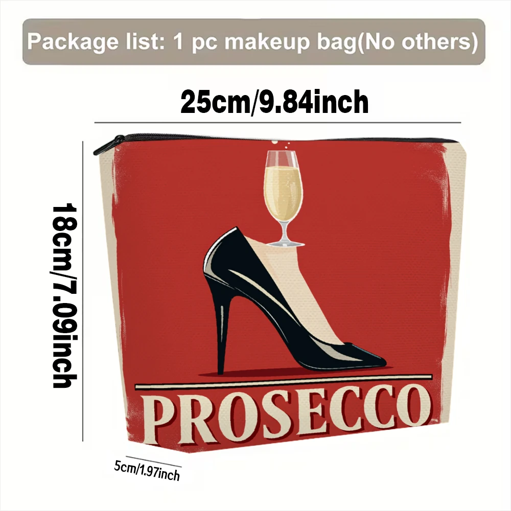 Prosecco Glass Heel Red Background Makeup Bags for Girls Cosmetic Pouch Toiletry Bag Pencil Case Travel Storage